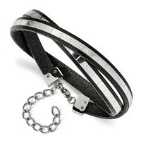 Stainless Steel Polished Italian Leather Bracelet with 2in Ext Wrap, 14.5" view 1
