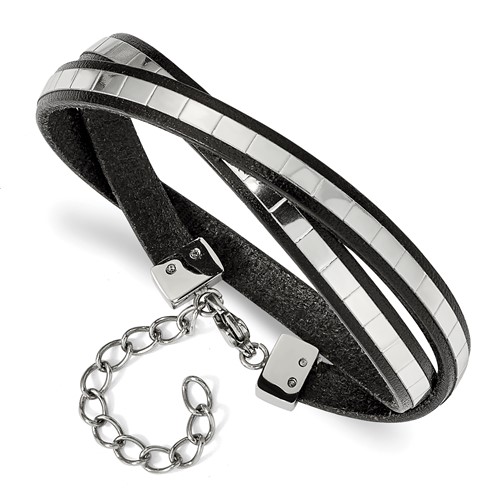 Stainless Steel Polished Italian Leather Bracelet with 2in Ext Wrap, 14.5"