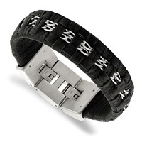 Stainless Steel Polished Black Woven Leather Bracelet with.5in Ext, 7" view 1