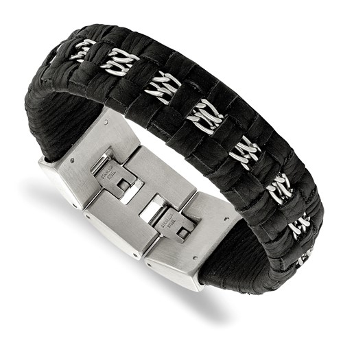 Stainless Steel Polished Black Woven Leather Bracelet with.5in Ext, 7"