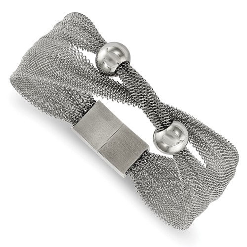 Stainless Steel Polished Bead Mesh Bracelet, 7"