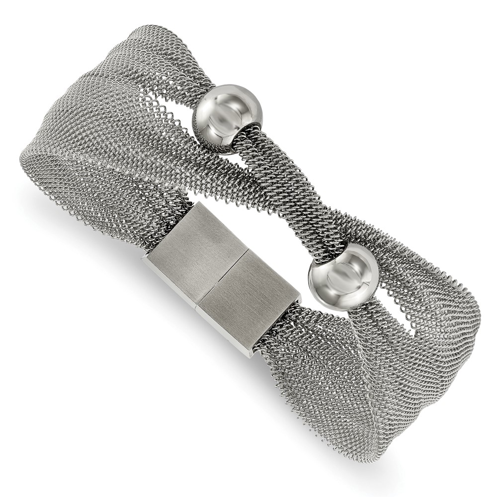 Stainless Steel Polished Bead Mesh 7in Bracelet
