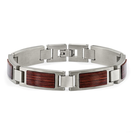 Chisel Stainless Steel Brushed with Wood Inlay 8.75 inch Link Bracelet