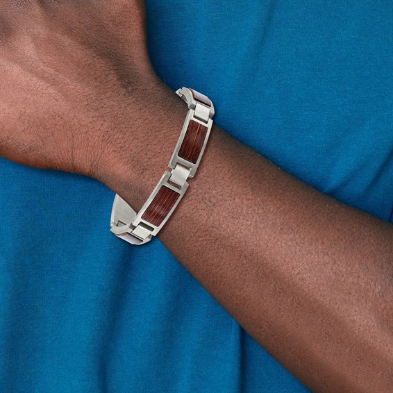 Chisel Stainless Steel Brushed with Wood Inlay 8.75 inch Link Bracelet