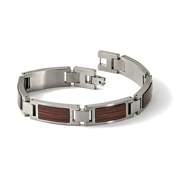 Chisel Stainless Steel Brushed with Wood Inlay 8.75 inch Link Bracelet
