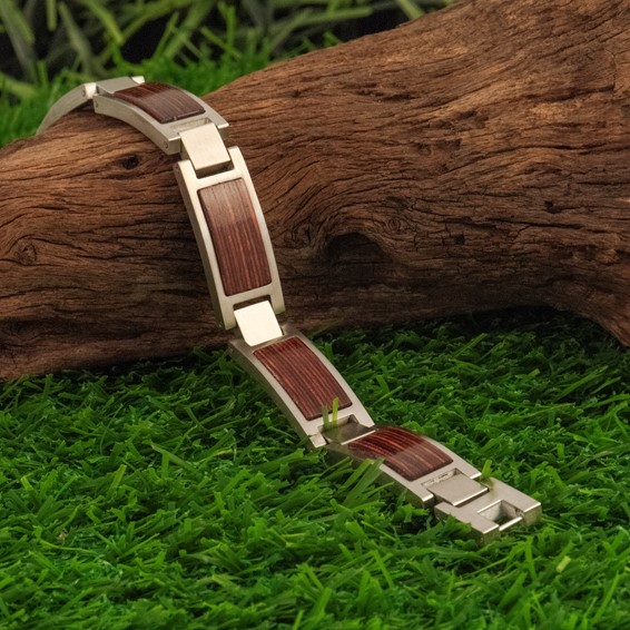 Chisel Stainless Steel Brushed with Wood Inlay 8.75 inch Link Bracelet
