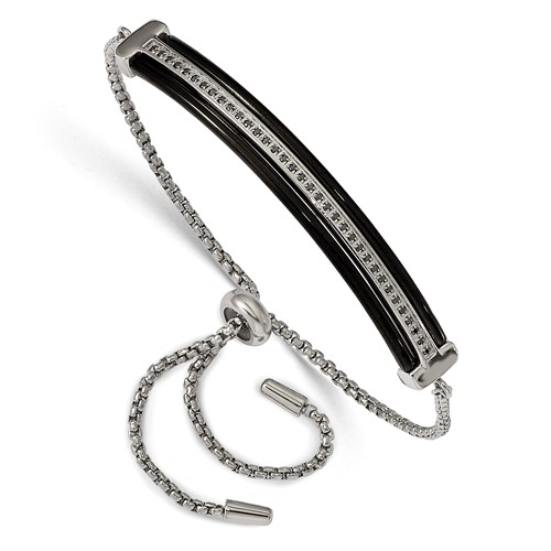 Stainless Steel Polished Black IP-plated Bracelet with Black CZ Adjustable