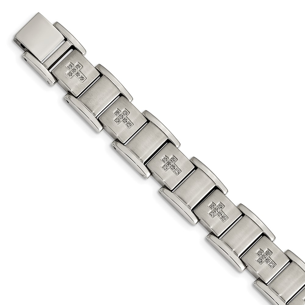 Stainless Steel Brushed and Polished 1/3ct. Diamond Cross 8.5in Bracelet