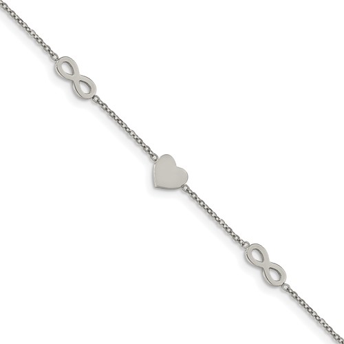 Chisel Stainless Steel Polished Heart and Infinity Bracelet with 1 Inch Extension, 7"