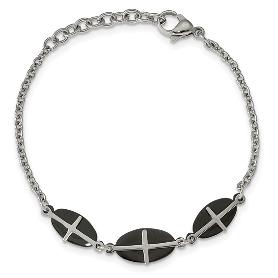 Stainless Steel Polished Black IP-plated 7in w/1in ext. Cross Bracelet