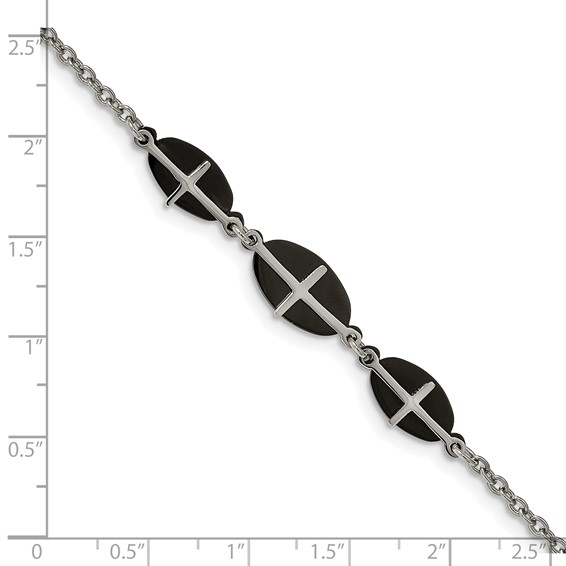 Stainless Steel Polished Black IP-plated 7in w/1in ext. Cross Bracelet