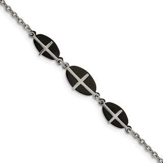 Stainless Steel Polished Black IP-plated 7in w/1in ext. Cross Bracelet