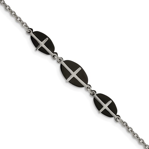 Stainless Steel Polished Black IP-plated Bracelet with 1in Ext. Cross, 7"