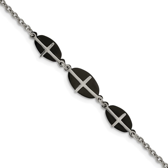Stainless Steel Polished Black IP-plated 7in w/1in ext. Cross Bracelet