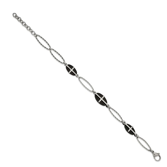 Stainless Steel Polished Black IP-plated 7in w/1in ext. Cross Bracelet