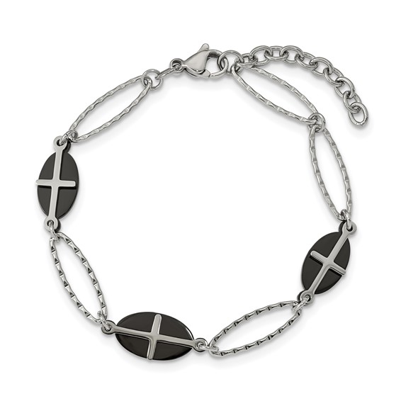 Stainless Steel Polished Black IP-plated 7in w/1in ext. Cross Bracelet