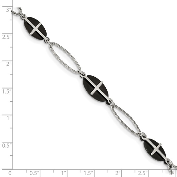 Stainless Steel Polished Black IP-plated 7in w/1in ext. Cross Bracelet