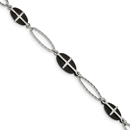 Stainless Steel Polished Black IP-plated Bracelet with 1in Ext. Cross, 7"