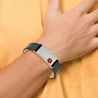 Chisel Stainless Steel Polished Bracelet with Red Enamel Medical ID Black Leather Adjustable 6.5 to, 8.25" view 3
