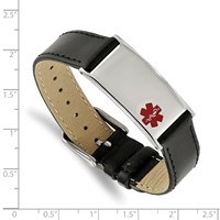 Chisel Stainless Steel Polished Bracelet with Red Enamel Medical ID Black Leather Adjustable 6.5 to, 8.25" view 2