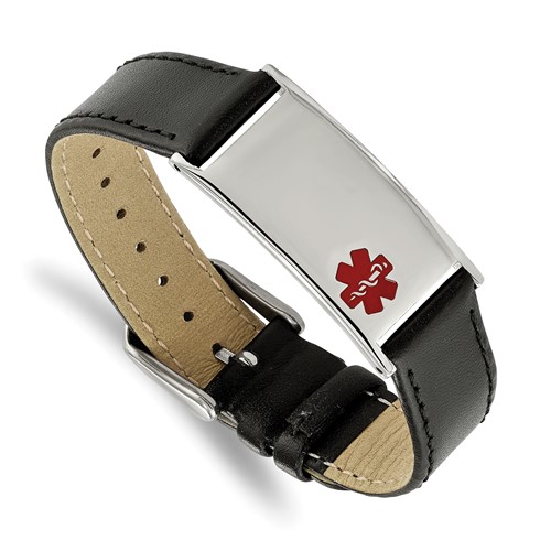 Chisel Stainless Steel Polished Bracelet with Red Enamel Medical ID Black Leather Adjustable 6.5 to, 8.25"