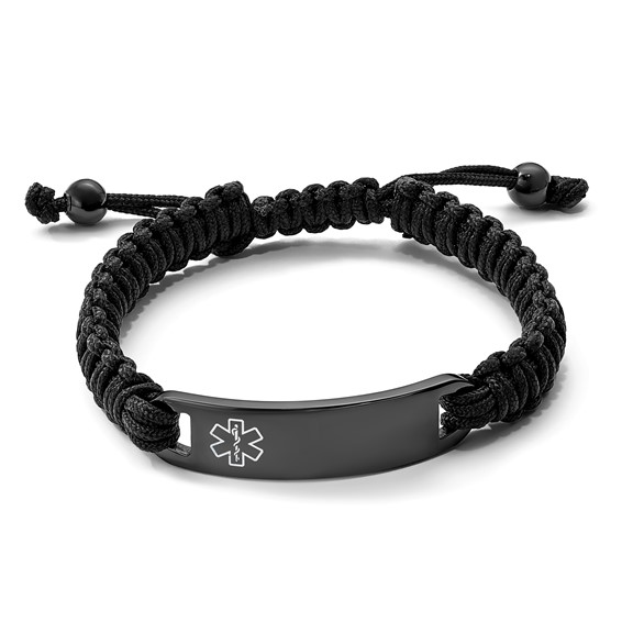 Chisel Stainless Steel Polished Black IP-plated with White Enamel Black Nylon Adjustable Medical ID Bracelet