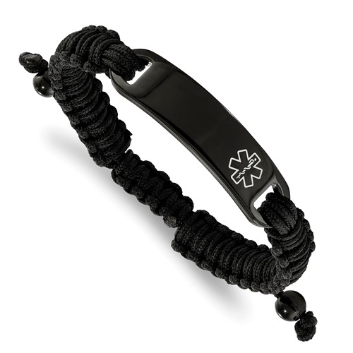 Chisel Stainless Steel Polished Black IP-plated Bracelet with White Enamel Black Nylon Adjustable Medical ID