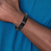 Chisel Stainless Steel Brushed and Polished Black IP-plated Black Textured Leather ID Bracelet with.5 Inch Extension, 7.75" view 2