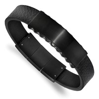 Chisel Stainless Steel Brushed and Polished Black IP-plated Black Textured Leather ID Bracelet with.5 Inch Extension, 7.75" view 1