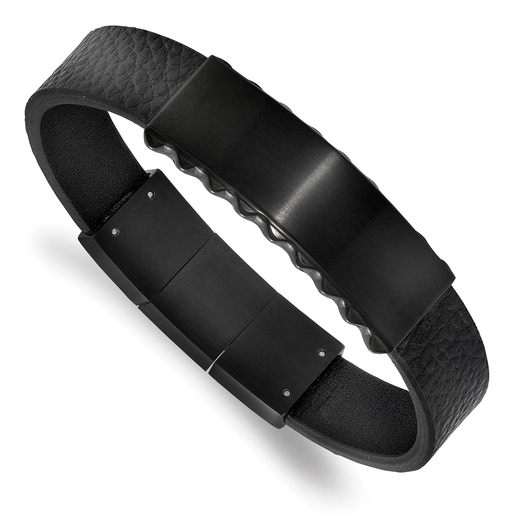 Stainless Steel Brushed & Polished Black IP Leather w/.5in ext. ID Bracelet