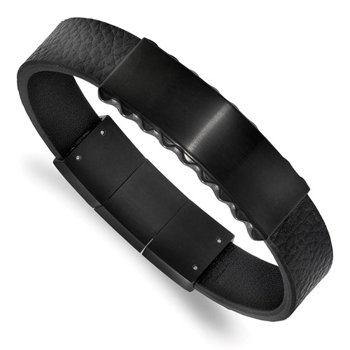 Chisel Stainless Steel Brushed and Polished Black IP-plated Black Textured Leather 7.75 Inch ID Bracelet with .5 Inch Extension