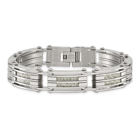 Chisel Stainless Steel Polished with Grey Carbon Fiber Inlay 8.25 inch Link Bracelet