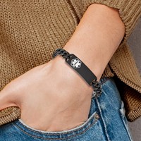 Chisel Stainless Steel Polished Black IP-plated Bracelet with White Enamel Medical ID Curb Chain, 8" view 5