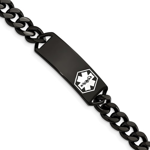 Chisel Stainless Steel Polished Black IP-plated Bracelet with White Enamel Medical ID Curb Chain, 8"