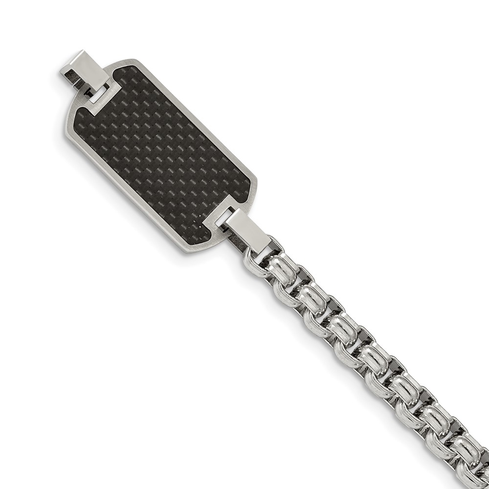 Stainless Steel Brushed & Polished Black Carbon Fiber Inlay 8.25in Bracelet