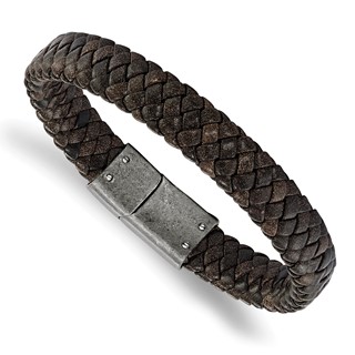 Chisel Stainless Steel Antiqued and Brushed Brown Braided Leather 8.25 inch Bracelet