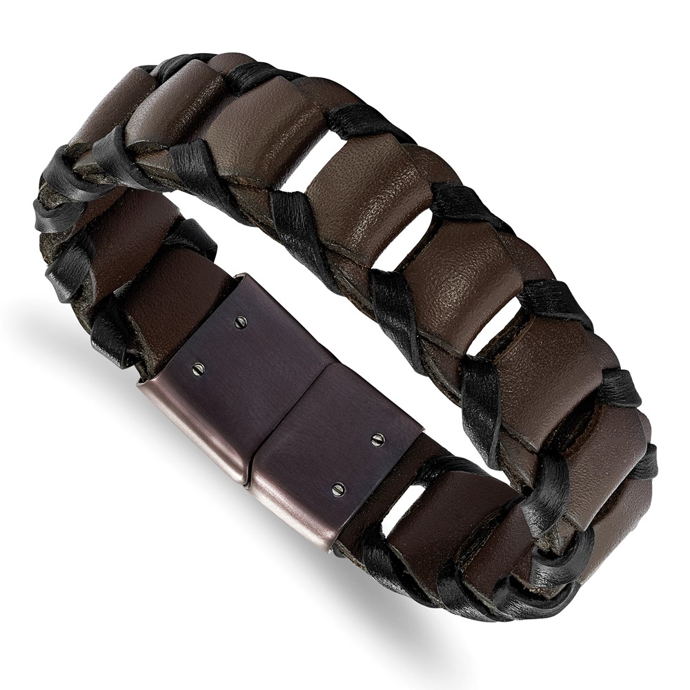 Stainless Steel Polished  Brown IP-plated Black/Brown Leather Bracelet