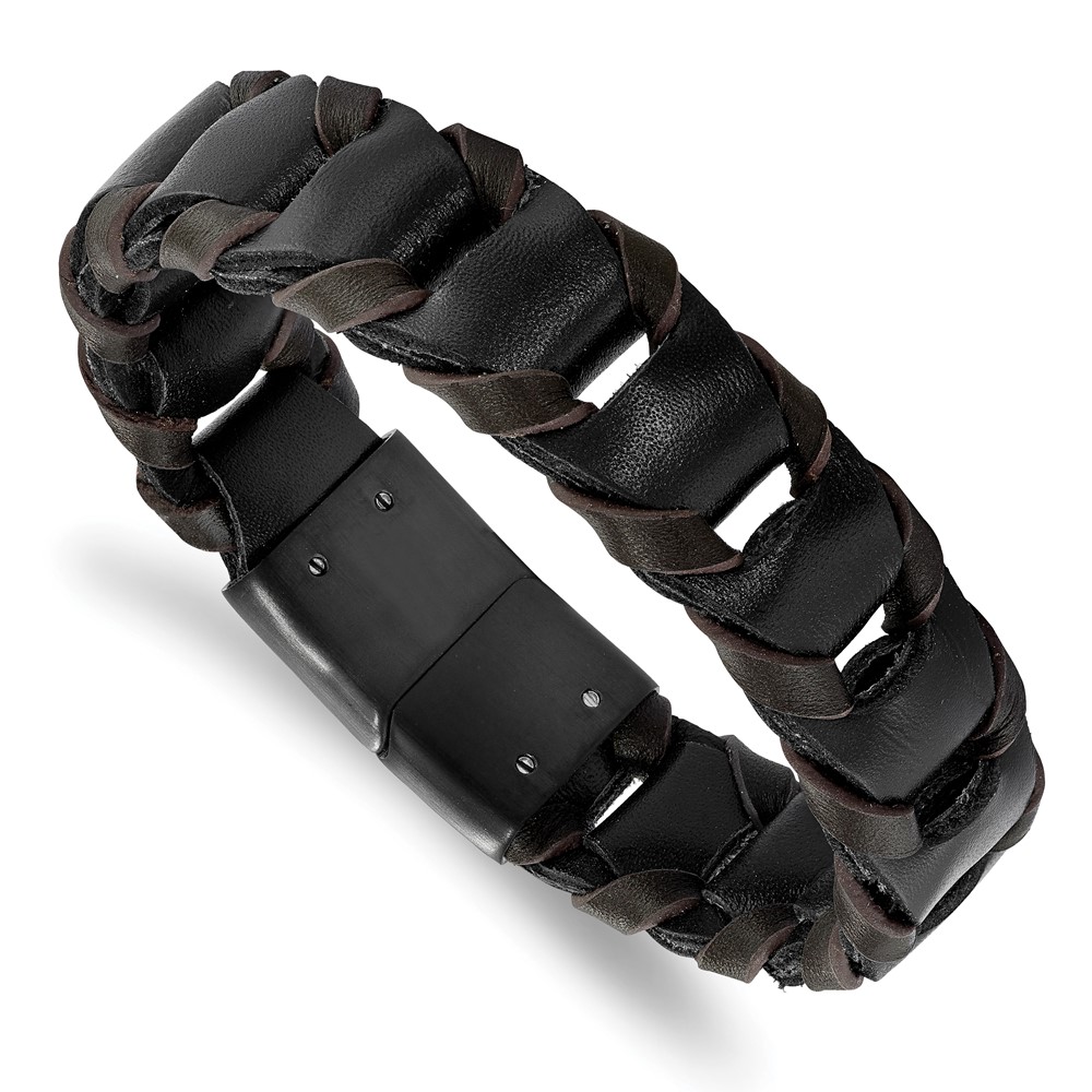 Stainless Steel Polished Black IP-plated Black/Brown Leather Bracelet