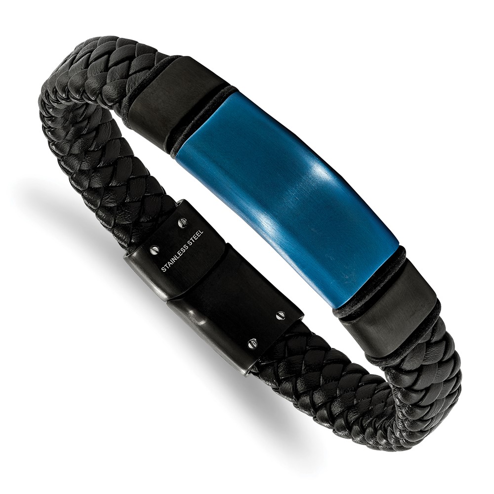 Stainless Steel Black & Blue IP-plated w/Silicone & Leather 8.25in Bracelet