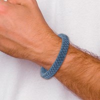 Stainless Steel Brushed Light Blue Leather Braided Bracelet, 8.25" view 2