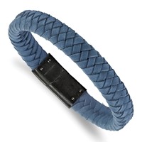Stainless Steel Brushed Light Blue Leather Braided Bracelet, 8.25" view 1