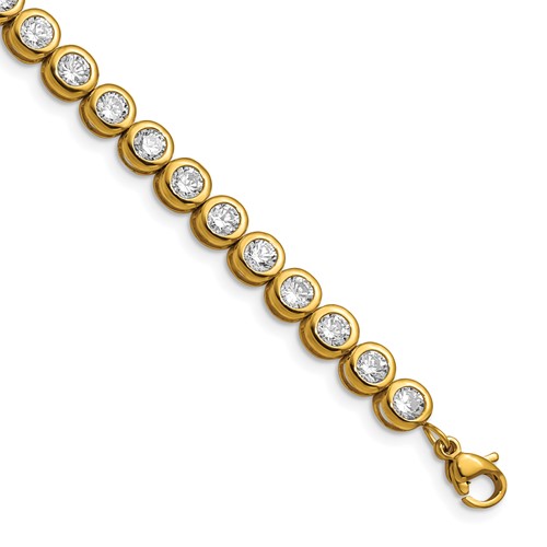 Chisel Stainless Steel Polished Yellow IP-plated Round CZ Link Bracelet with 1 Inch Extension, 7"