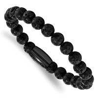 Chisel Stainless Steel Polished Black IP-plated 8mm Lava Rock Beaded Stretch Bracelet view 1
