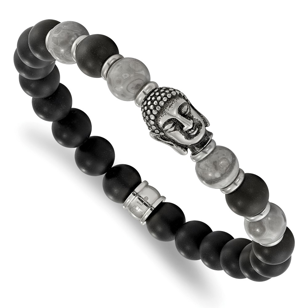 Stainless Steel Antiqued Buddha Black Agate/Grey Jasper Stretch Bracelet