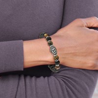 Chisel Stainless Steel Antiqued and Polished Buddha 8mm Black Agate and Tiger's Eye Beaded Stretch Bracelet view 2