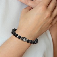 Chisel Stainless Steel Antiqued and Polished Buddha 8mm Black Agate Beaded Stretch Bracelet view 2