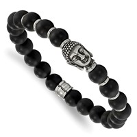 Chisel Stainless Steel Antiqued and Polished Buddha 8mm Black Agate Beaded Stretch Bracelet view 1
