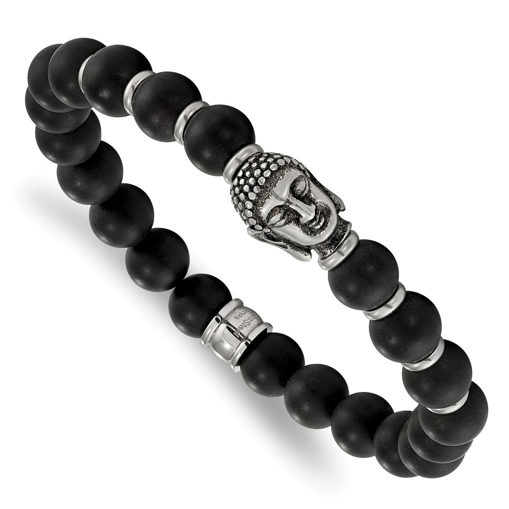 Stainless Steel Antiqued Buddha Black Agate Beaded Stretch Bracelet