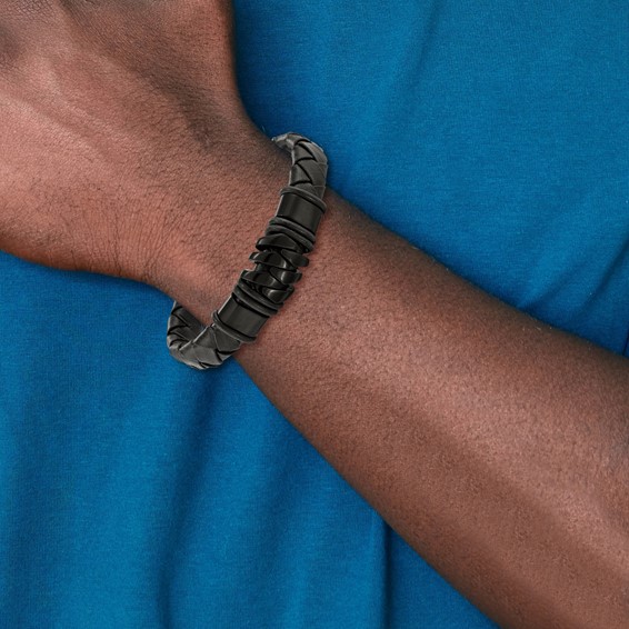 Chisel Stainless Steel Polished and Brushed Black IP-plated Black Woven Leather 8.25 inch Bracelet