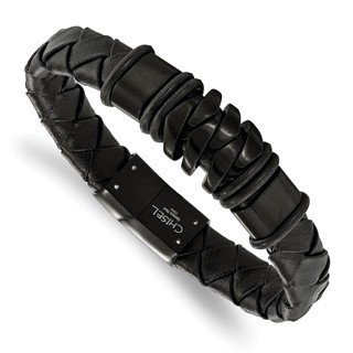 Chisel Stainless Steel Polished and Brushed Black IP-plated Black Woven Leather 8.25 inch Bracelet